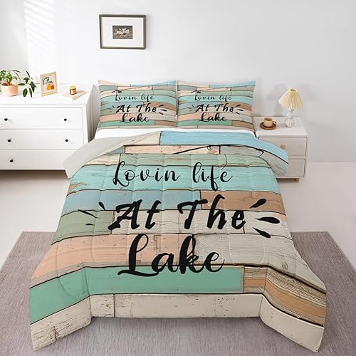 Juego de ropa de cama de Lake House, juego de edredón de caña de pescar tamaño King para niños y adolescentes, edredón rústico de plumón de granja