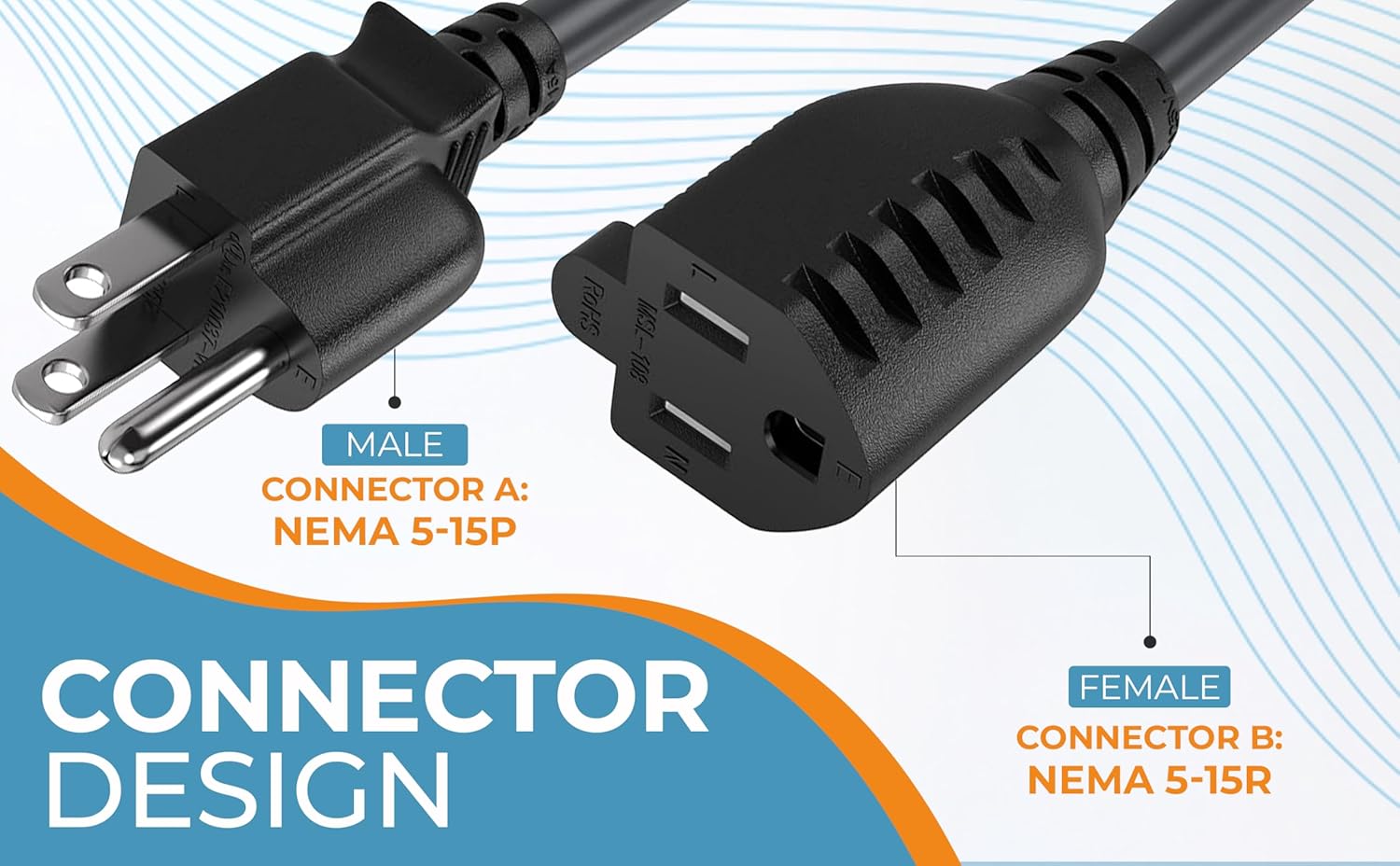 Cable Leader 50ft NEMA 5-15P to 5-15R Heavy Duty Power Extension Cord, 14AWG SJT 15A/125V, Outlet Extension Power Cable, NEMA 5-15R to 5-15P AC Power Cord, Black