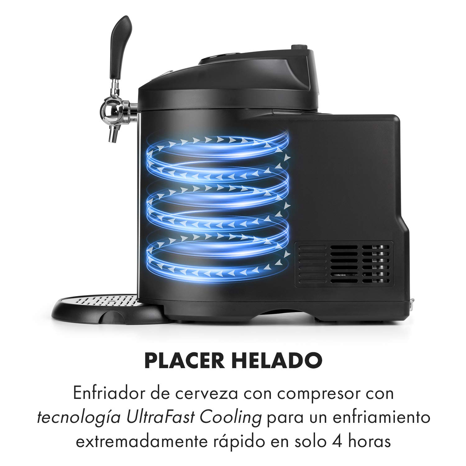 Klarstein Beerkules Tirador de cerveza y enfriador - para todos los barriles de 5 L con y sin sistema, presión CO2, incl. 3 cartuchos, refrigeración por compresor 2-12°C, plata-negro