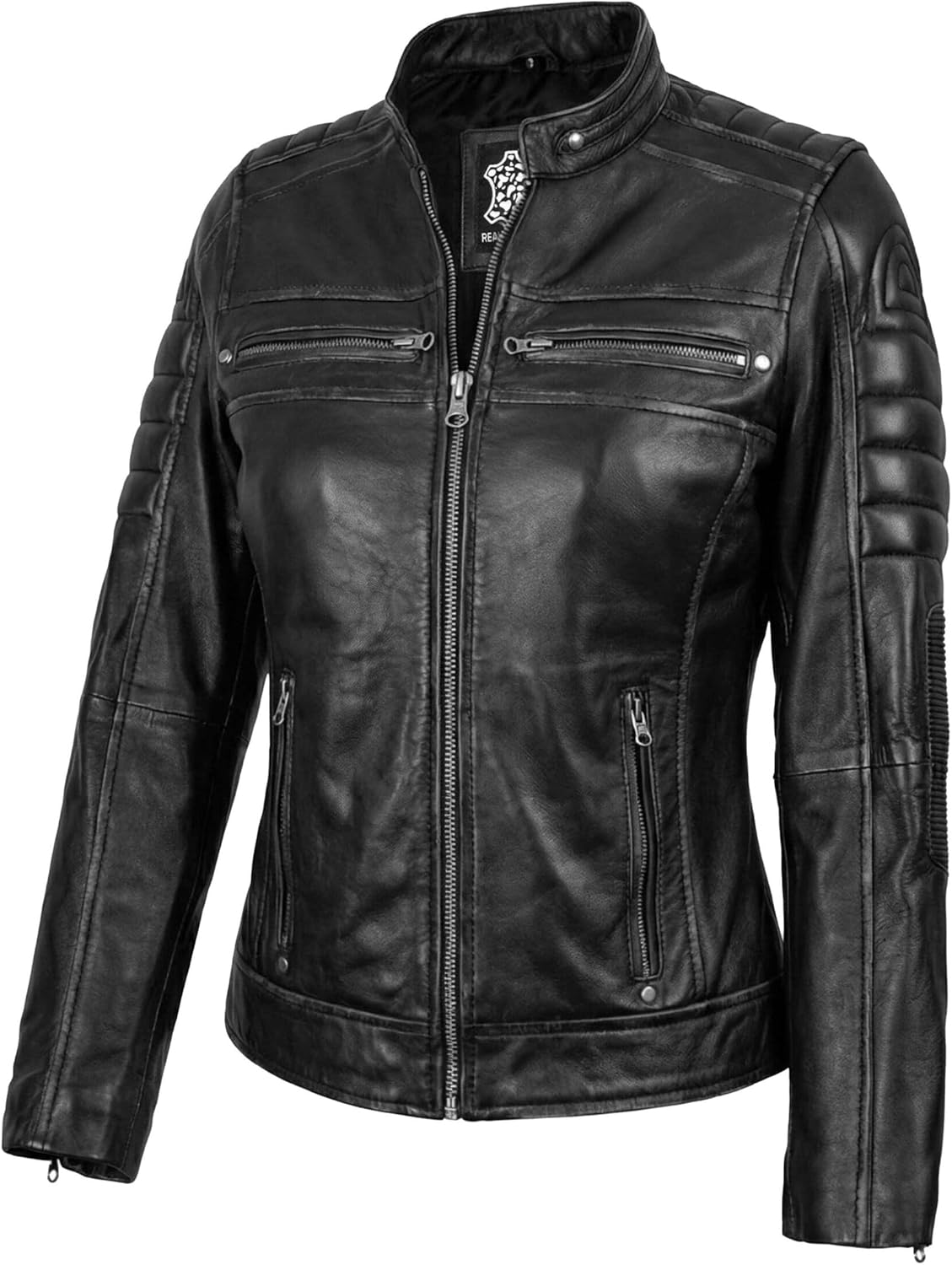 J'Jackin Womens Cafe Racer Leather Jacket - Real Lambskin Stand Collar Motorcycle Style Leather Jackets For Women