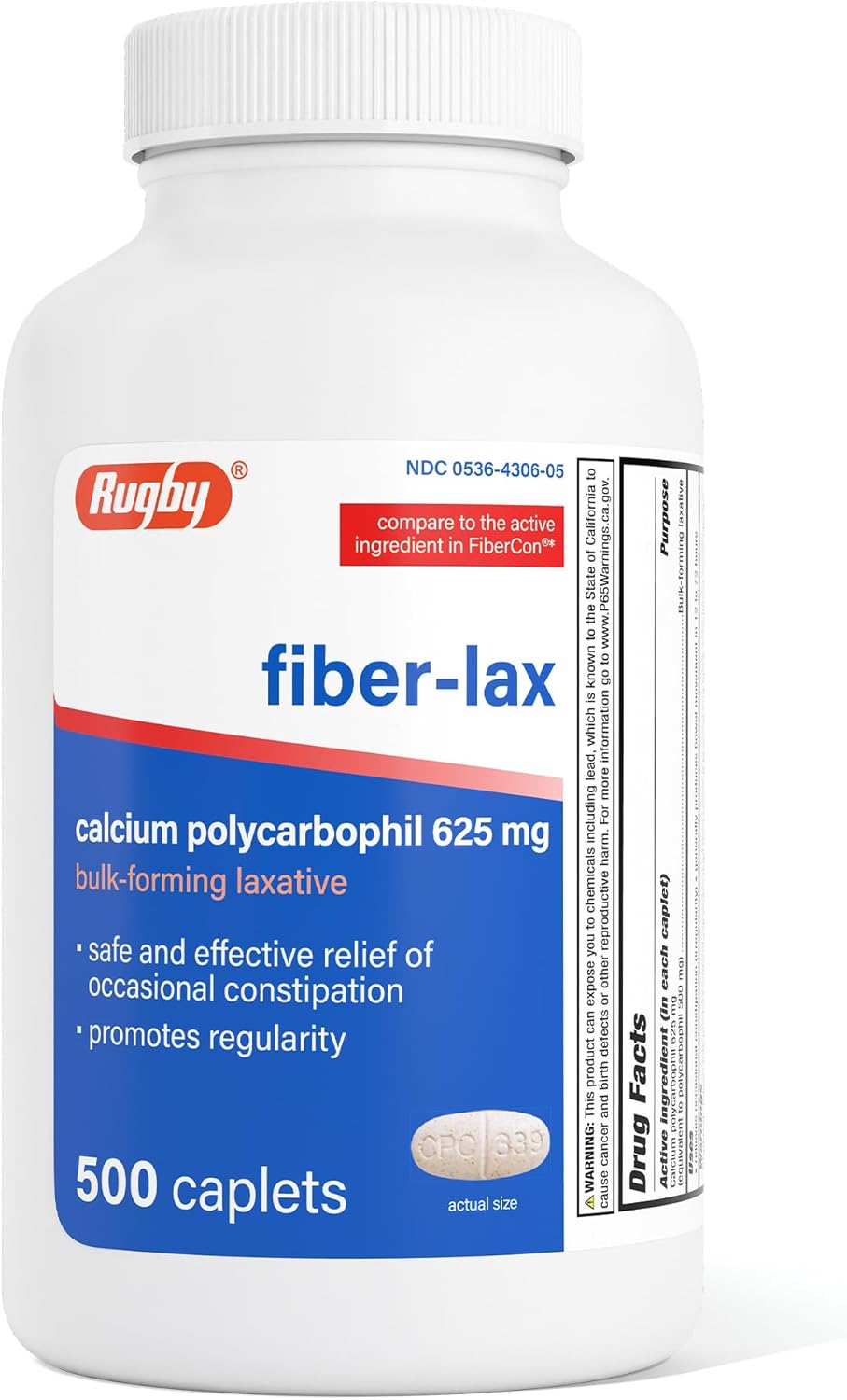 Rugby Fiber-Lax Tablets 625 Mg - Fiber Tablets for Women and Men - Occasional Constipation Relief for Adults - 500 Tablets (1 Pack)