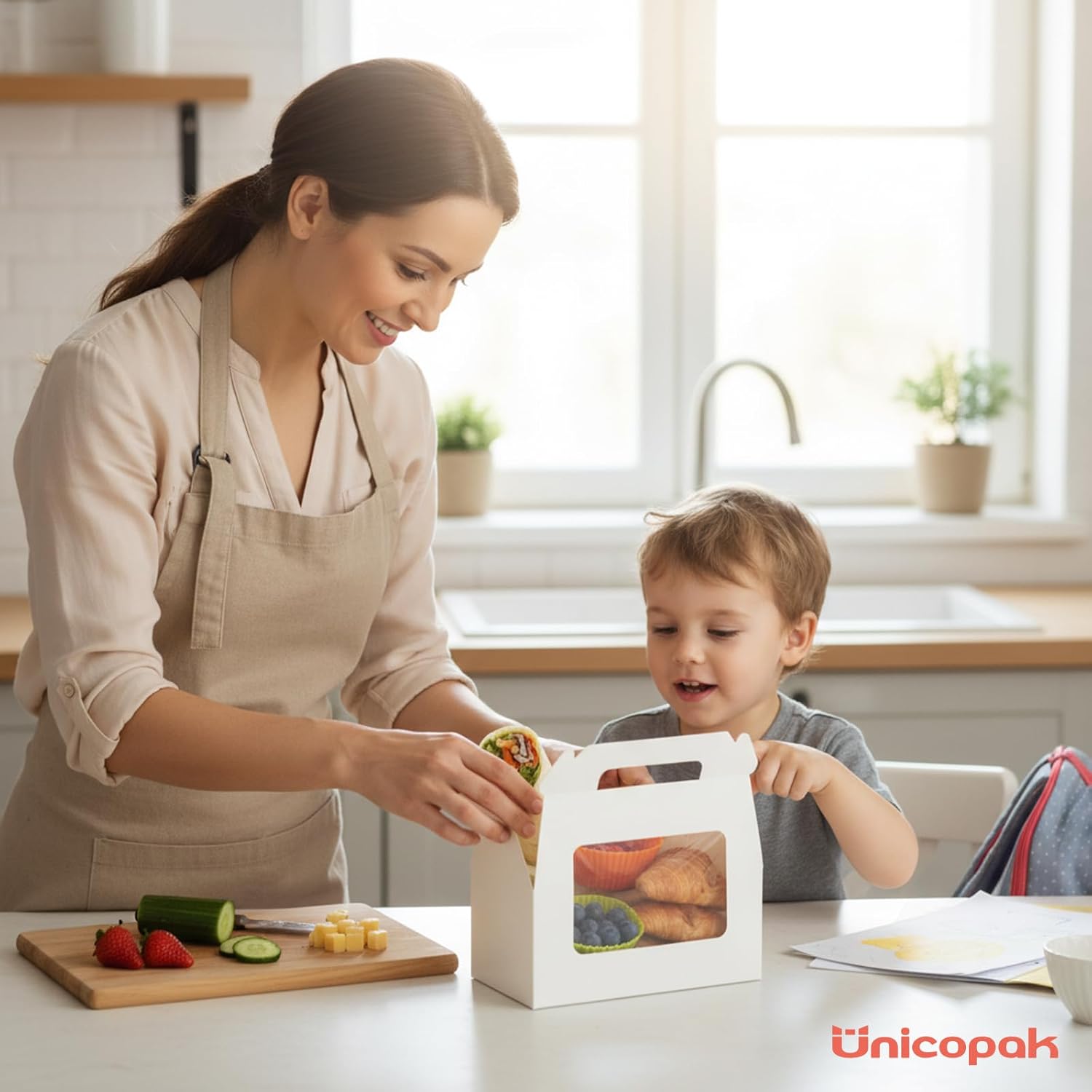 UnicoPak 30 Pack 9x6x6 White Bakery Boxes with Window, Large Gable Boxes for Lunch, Treats, Cookies, Pastries, Cardboard Gift Boxes for Christmas, Holiday Presents, Auto-Popup Assembly