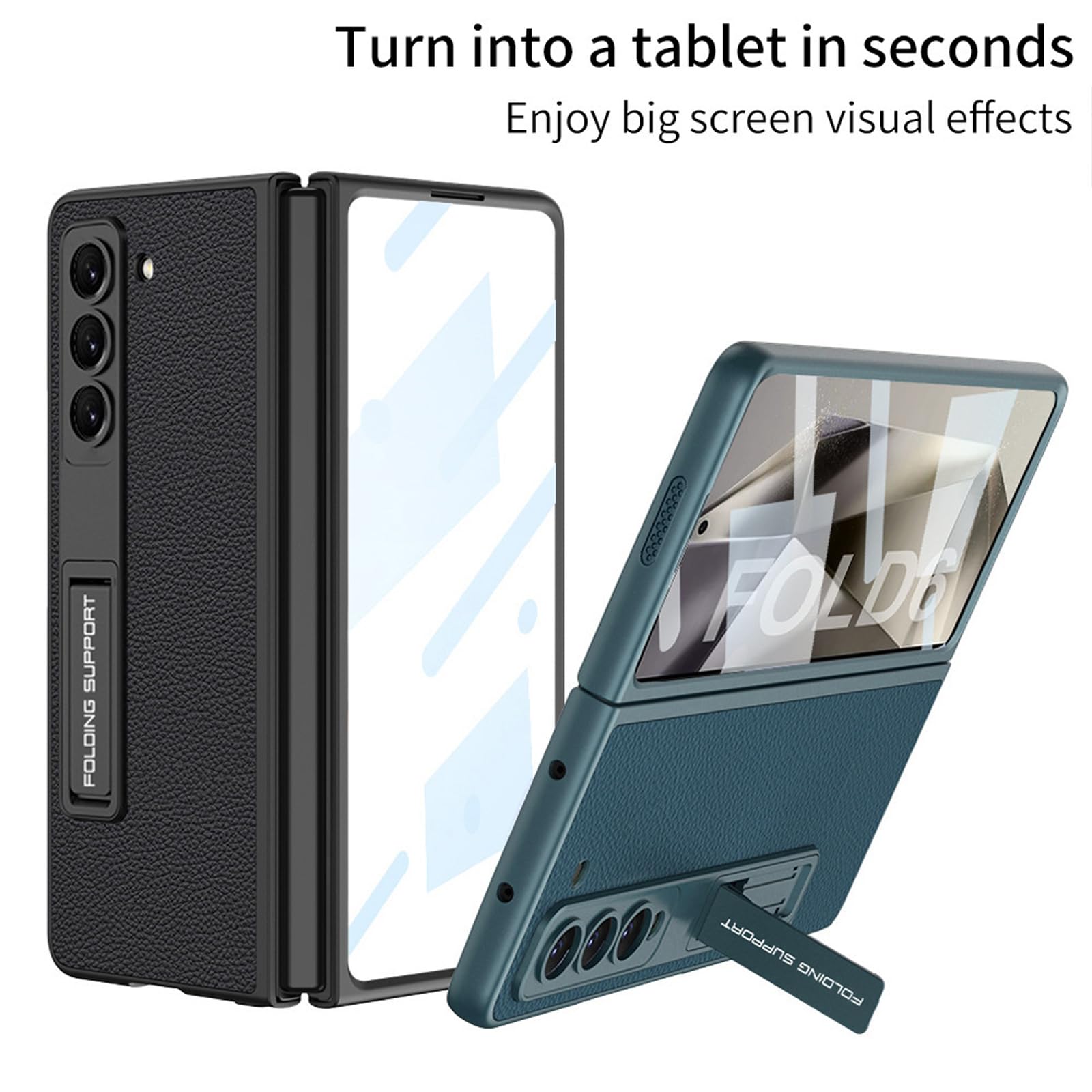 Kickstand Etui do telefonu Samsung Galaxy Z Fold 6, wąskie skórzane etui z teksturą z włókna węglowego, kompleksowa ochrona, odporne na wstrząsy, odporne na zarysowania, czarne, składane 6