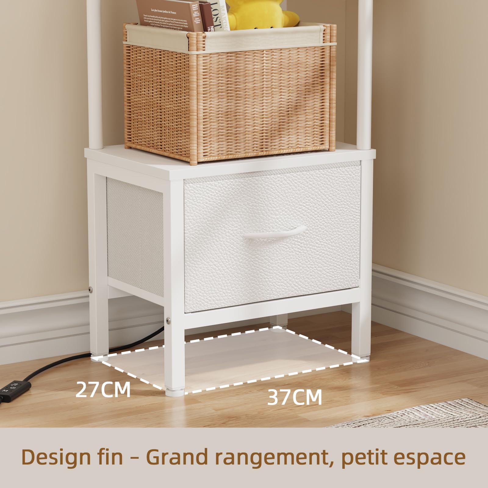 Étagère d'angle 5 Niveaux avec LED et tiroir, Blanc | LED pilotable par APP, montage facile, gain de place, 27×37 cm, étagère étroite, rangement & présentation