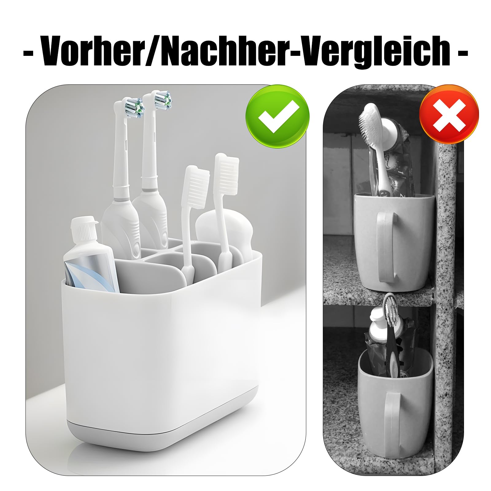 Zahnbürstenhalter Fürs Bad – Abnehmbar, 4 Fächer + Zahnpastahalter, Grau, 17,1x12,8x8,6 Cm