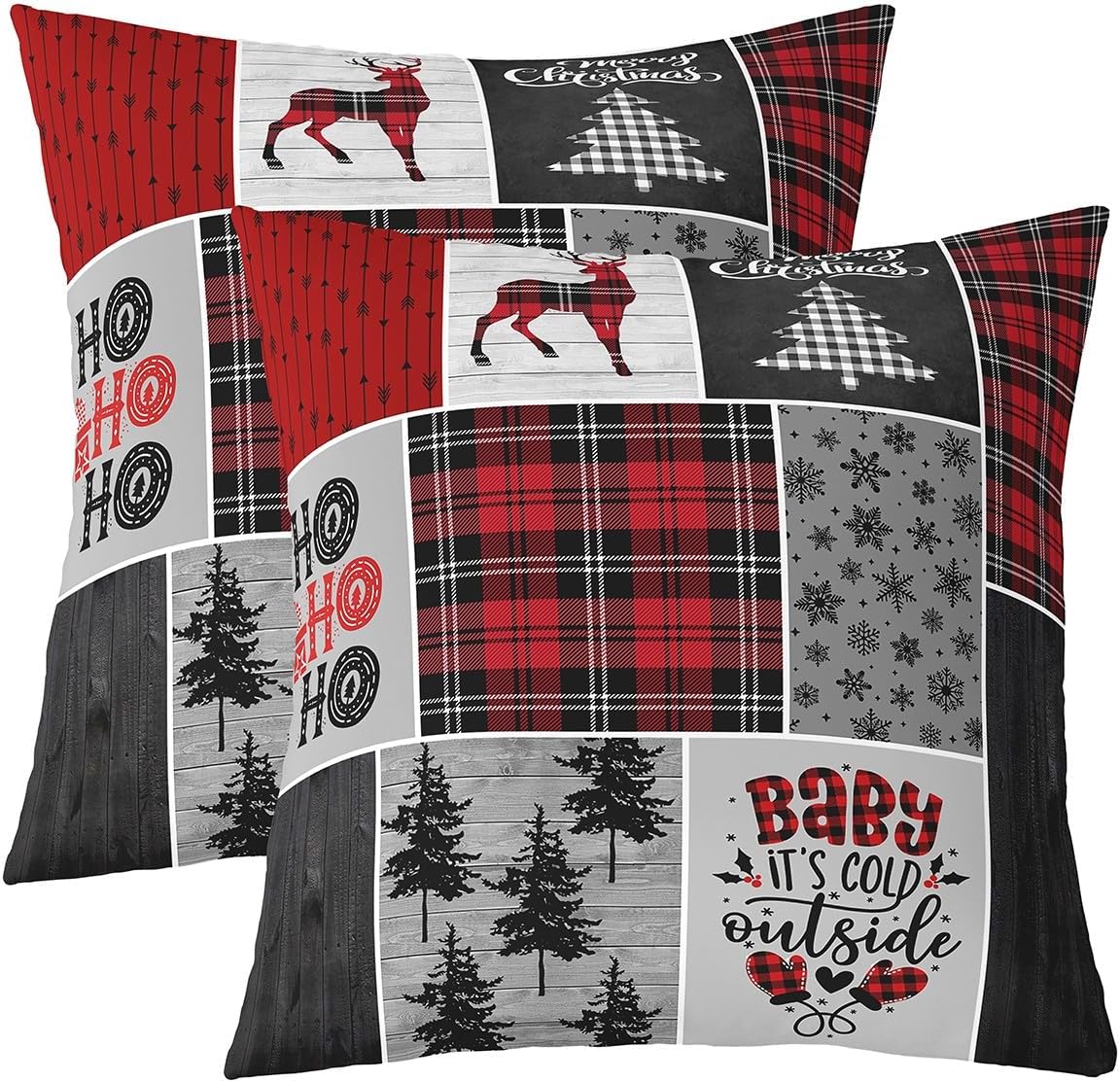 Rustic Farmhouse Throw Pillow Covers 22x22 Inch Set of 2 Retro Red Black Grid Rustic Style Cushion Cases for Kids Teens Adults Wild Deer Pine Trees Christmas Cushion Covers for Housewarming