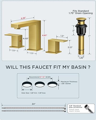 Miniatura 8 de FORIOUS Grifo de baño dorado generalizado de 8 pulgadas, cuadrado de 2 manijas de oro cepillado, 3 agujeros con drenaje de metal, líneas de