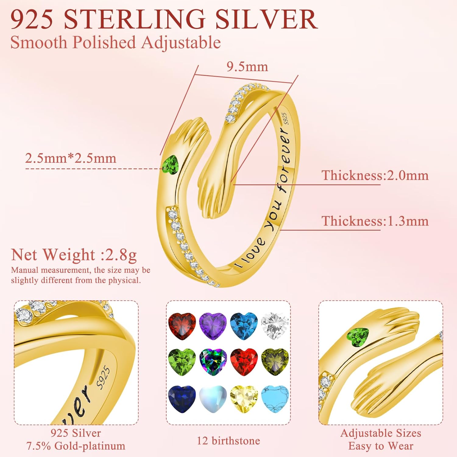Hug Rings for Women Birthstone Hug Rings 925 Sterling Silver Adjustable Hand Ring Open Jewelry Daughter Gifts From Mom Mother Teens Mother's Day Amavive - Image 6