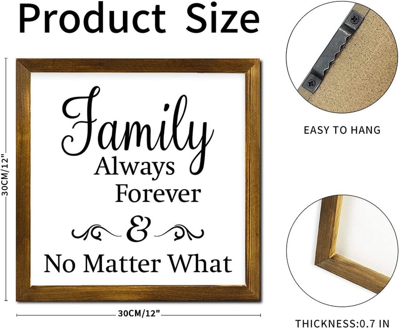 Family Always Forever No Matter What Framed Wood Signs Quote Saying Wood Hanging Plaque Farmhouse Wall Decor Hanging Plaque Sign for Home Kitchen Bar Room Garage Bedroom Housewarming Gift 12x12 Inch