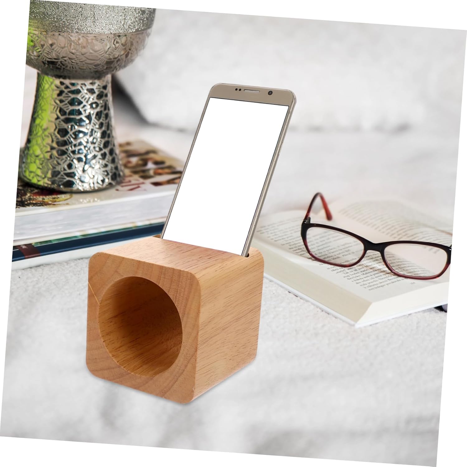 NUOBESTY Wooden Phone Stand with Passive Sound Amplifier Multifunctional Cube Shaped Desktop Holder Natural Cell Phone Bracket for Enhanced Audio Experience Without Plug
