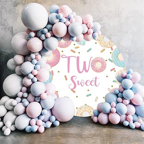 Miniatura 3 de Laeacco Telón de fondo redondo de cumpleaños de dos donas dulces de 6.5 x 6.5 pies, para niñas, 2 cumpleaños, donas, pasteles, postres, arco de
