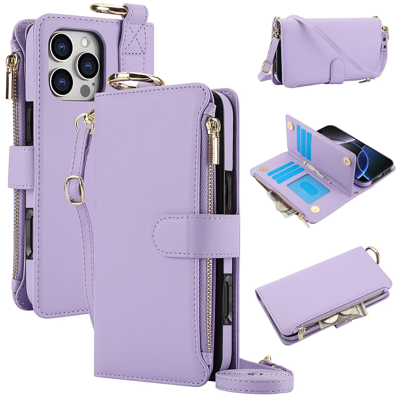 Compatible con iPhone 15 (color púrpura). Elegante funda tipo cartera de cuero con múltiples ranuras y correa para el hombro