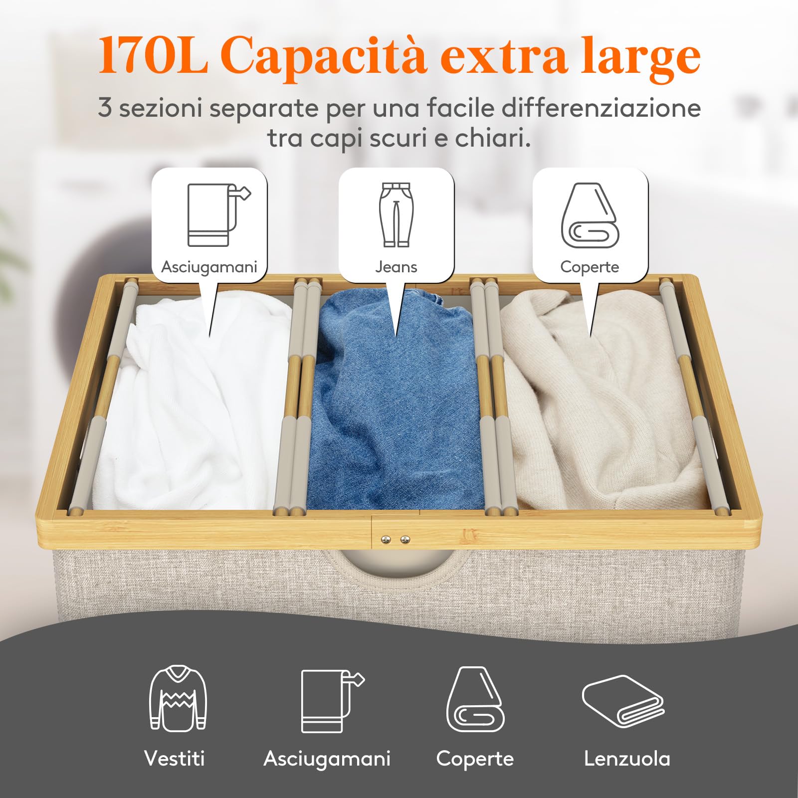 Lifewit 170 L Cesto Portabiancheria in Bambù, Grande Portabiancheria Sporca con Coperchio, Cesta Biancheria Pieghevole con Sacchi Rimovibili per Camera, Bagno, Lavanderia, Beige