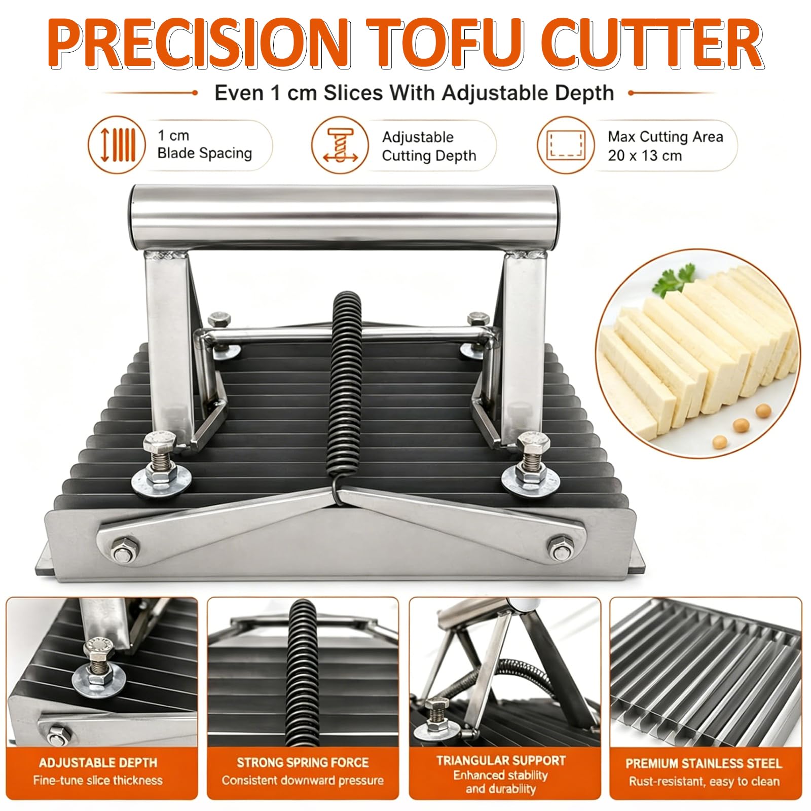 Tofu-Schneider aus Edelstahl mit 1 cm Abständen und einstellbarer Tiefe, schneidet bis zu 20 x 13 cm, DIY-Schneidewerkzeug für die Küche zu Hause