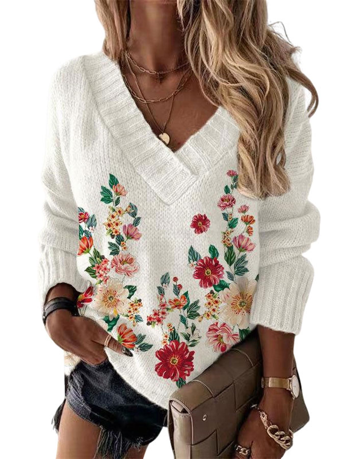 utcoco Womens Chic Floral Print V Neck Sweater Casual Loose Knit Pullover Fall Winter Outerwear