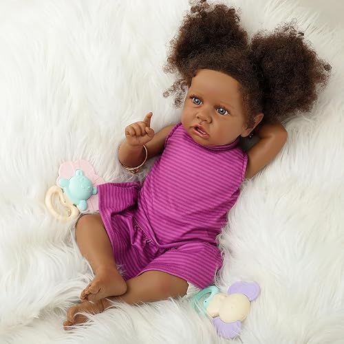 Miniatura 5 de Muñecas Reborn de Bebé Niña Negra, Muñeca de Bebé Realista de 22" Muñeca Recién Nacida Afroamericana Realista Bebe Caramel Como de la Vida Real con