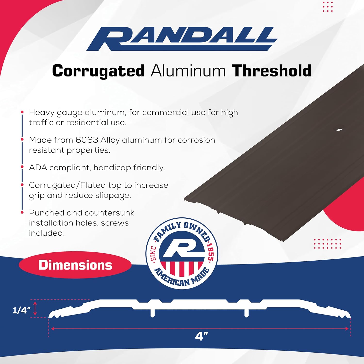 36" Dark Bronze Aluminum Threshold, 4" Wide x 1/4" High Corrugated Door Sill, Pre-Punched with Matching Screws, Made in USA, Randall A-77-DB
