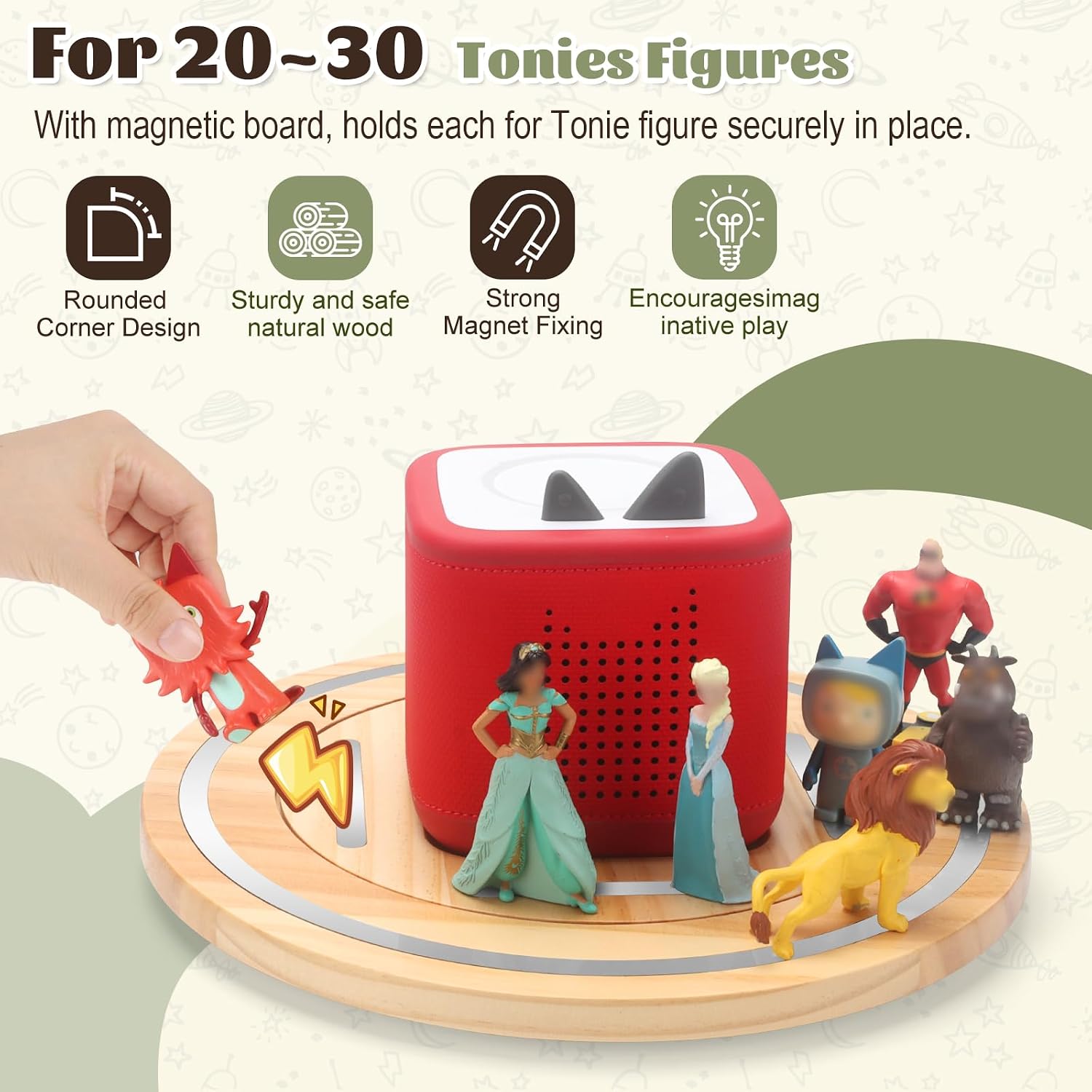 360° Round Turntable for Tonies Box 1/2 Storage Shelf Magnetic | Organizer for Tonies Figures, With Charging Cable Connection Port, Display Collection for 20~30 Tonies Characters (Natura)