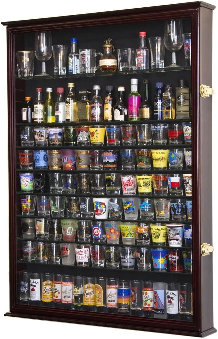 XL Shot Glass Display Case Rack Holder Cabinet for Tall Shooter and Mini Liquor Bottle