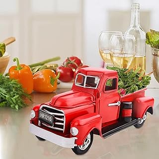 Red Truck Gift Metal Small Farm Car Decor Vintage Tree Flowers Handcrafted Decor Red Toy Metal Car Gift Boxes Pickup Truck Model for Home Decoration Table Decoration 7 x 3 x 3 inches