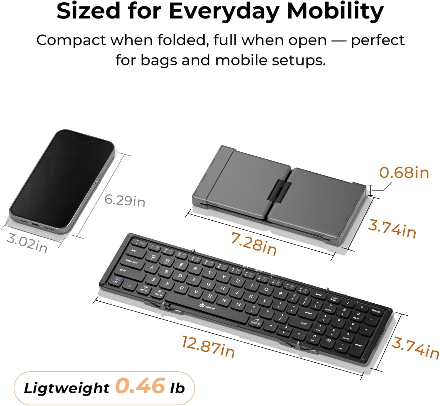 iClever Portable Keyboard, BK09 Foldable Bluetooth Keyboard with Number Pad for Travel and Business Trip, USB-C Rechargeable for Laptop, iPad, iPhone, Sync up to 3 Devices - Image 8