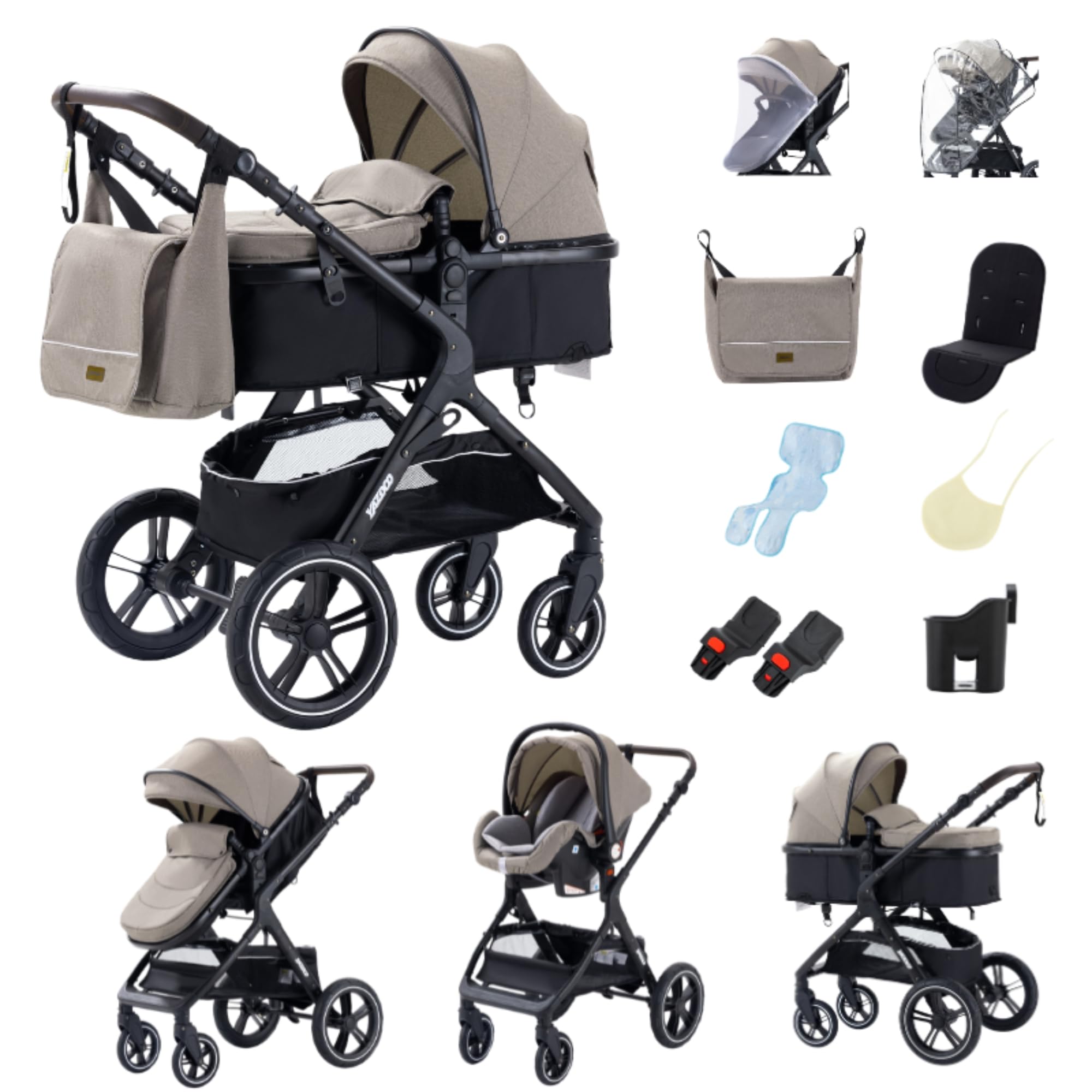 YAZOCO Passeggino Trio 3 in 1 Carrozzina Ovetto Pieghevole Neonato Cachi