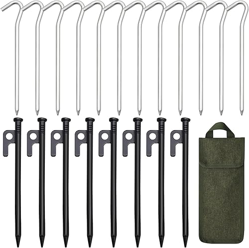 Estacas para tienda de campaña, 8 estacas de acero para tienda de campaña + 12 estacas de aluminio para tienda de campaña con bolsa de