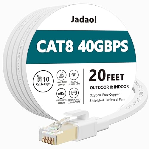 Miniatura 18 de Cable Ethernet Cat8, para exteriores e interiores, cable de red LAN Cat 8 de alta velocidad de 30 pies, cable de conexión de computadora plano RJ45