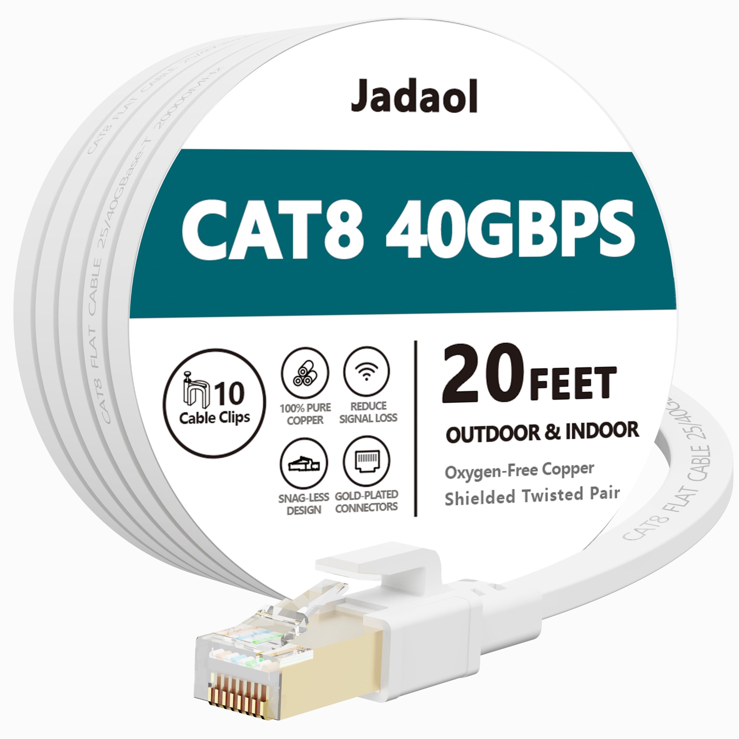 Cat 8 Ethernet Cable 20 ft, Heavy Duty High Speed RJ45 Patch Cord, Cat8 LAN Gold Plated 40Gbps 2000Mhz Network, Indoor, Outdoor & Weatherproof S/FTP UV Resistant for Router/Modem/Gaming/Switch - White