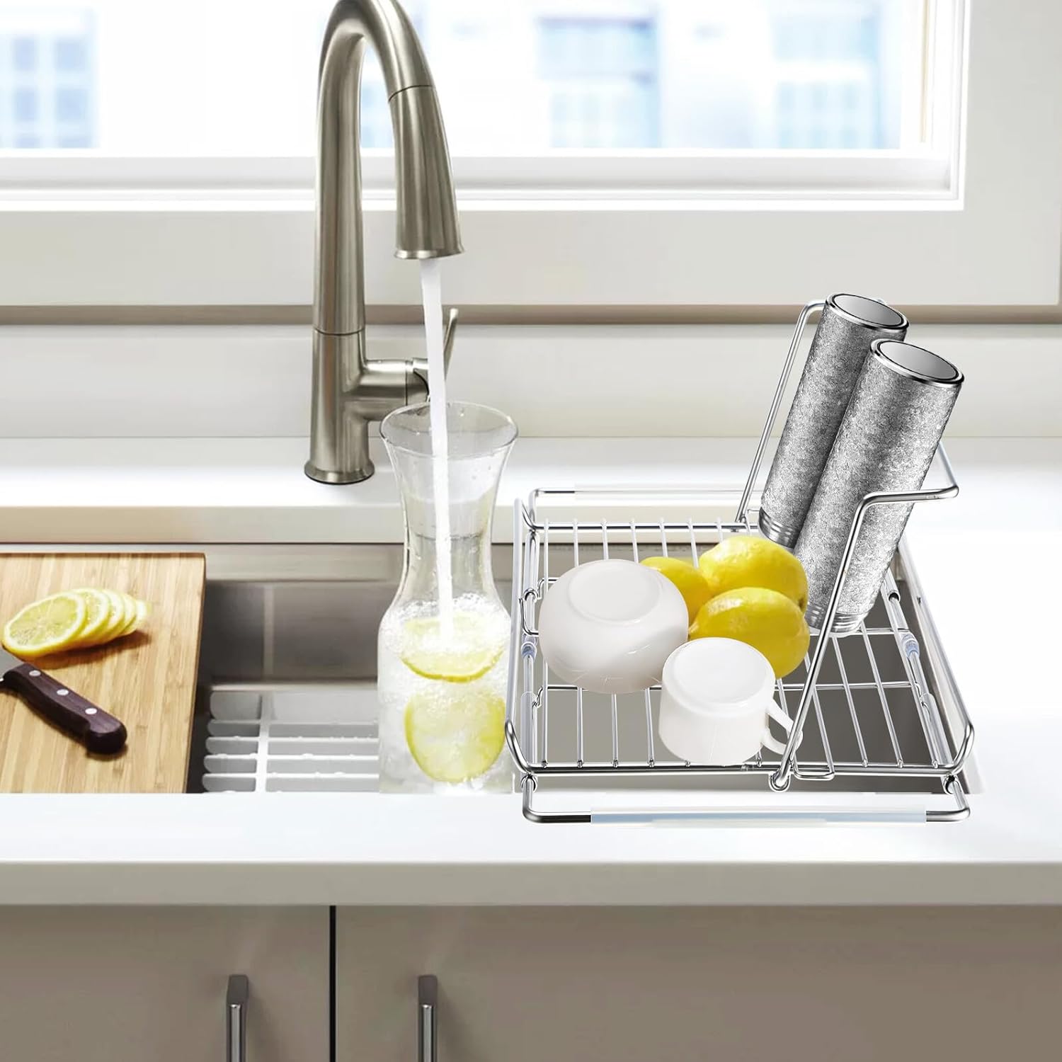 Stainless Steel Kitchen Telescopic Dish Rack Over Sink, Foldable Large-Capacity Drying and Storage Organizer with Cup Hanger, Multipurpose Sink Storage for Home and Restaurant