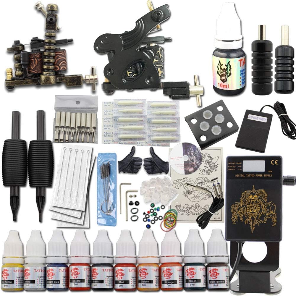 Complete Tattoo Kit 2 Machine Gun Set 11 Color Ink(Double Black) With Power Supply Foot Pedal Needles Disposable Grips Tips For Tattoo Beginners,Starters,or Professional Tattoo Artists SJ51