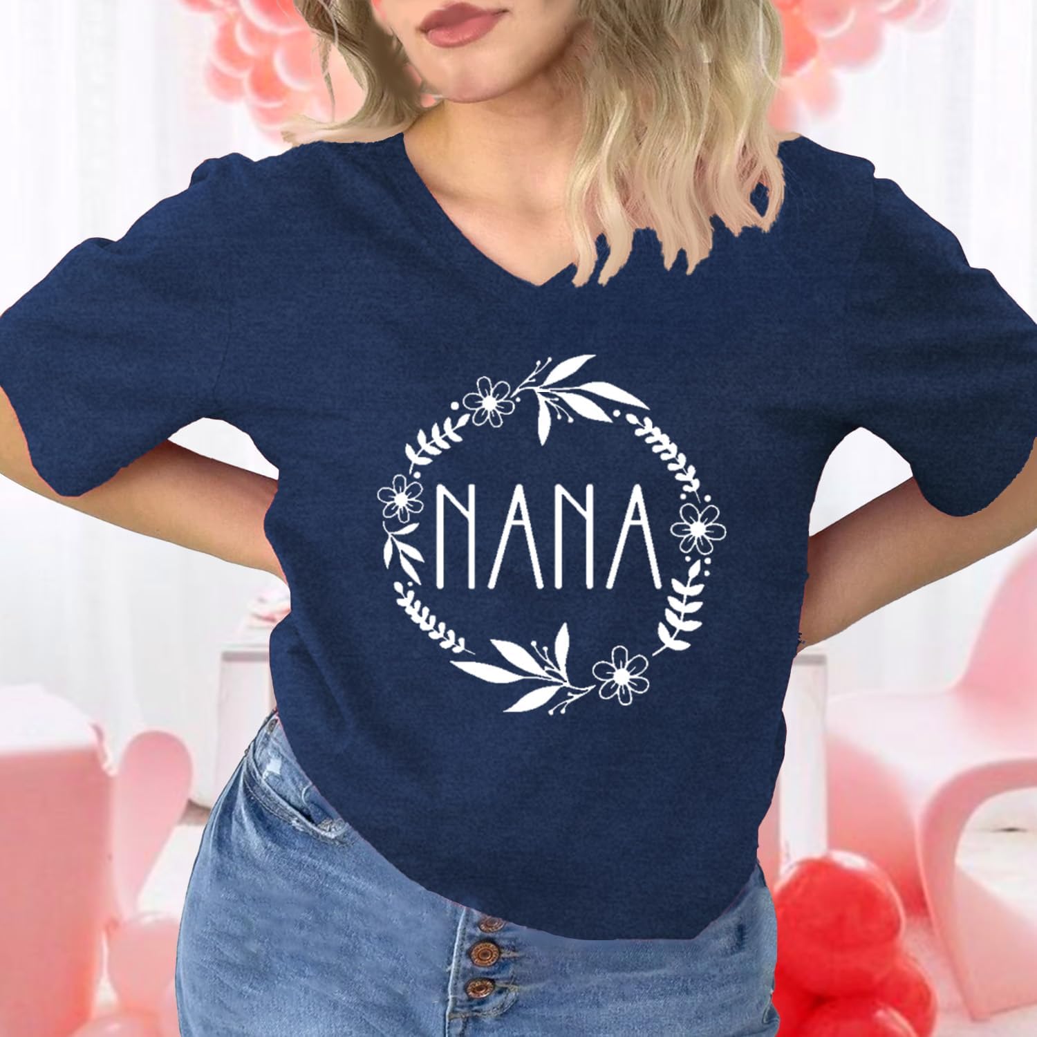 Nana Shirts for Women Mothers Day T-Shirt Love Heart Nana V Neck Tee Tops - Image 4