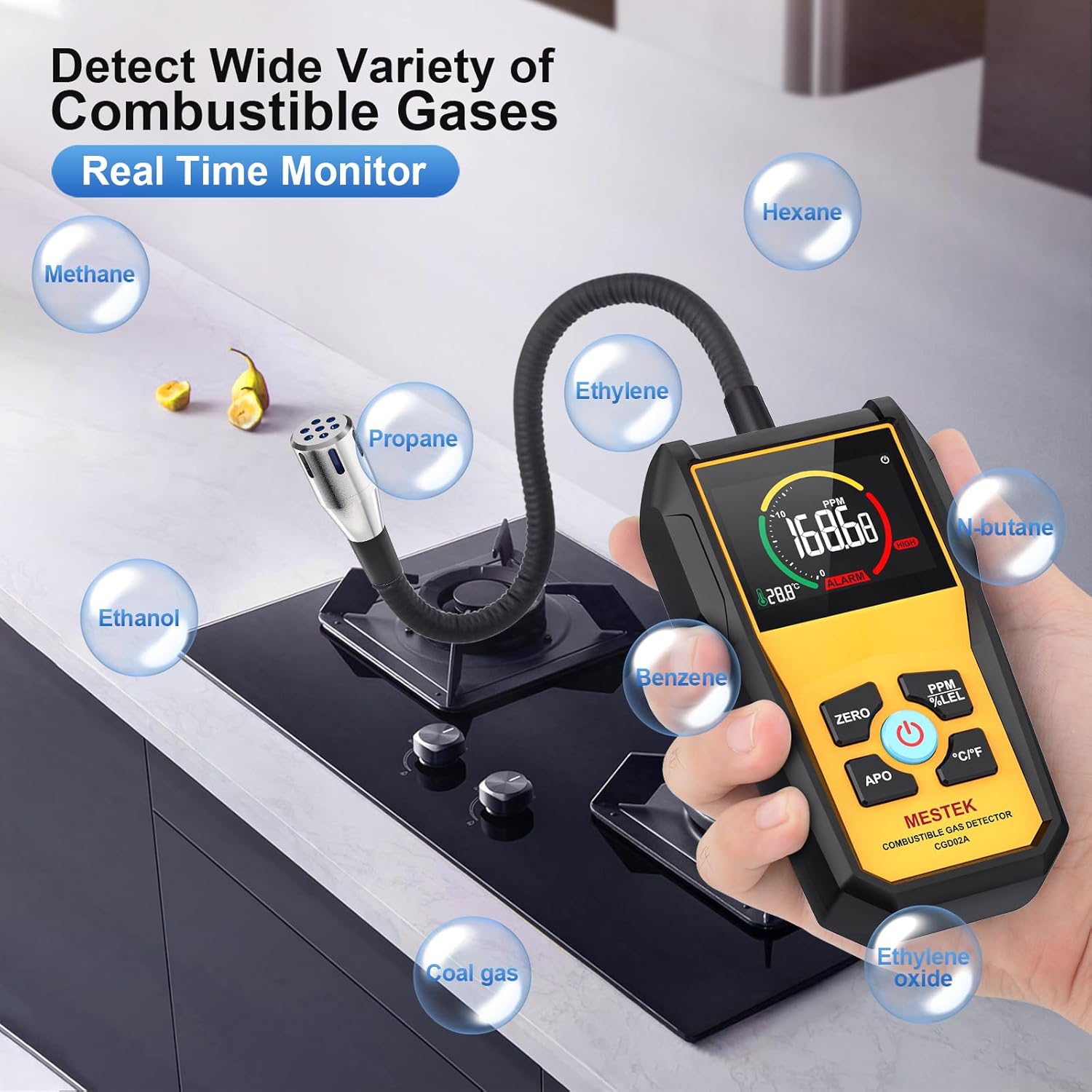 MESTEK CGD02A Gas Detector detecting various combustible gases like Methane, Propane, Hexane, Ethylene, Benzene, N-butane, Ethanol, Coal gas, and Ethylene oxide near a gas stove.
