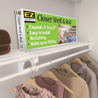 EZ Shelf Estante de armario extensible y barra – 44,5 cm – 68,5 cm, color blanco (se monta a 2 paredes laterales – sin soportes finales), fácil de instalar, fuerte, y organizador de armario, kit de
