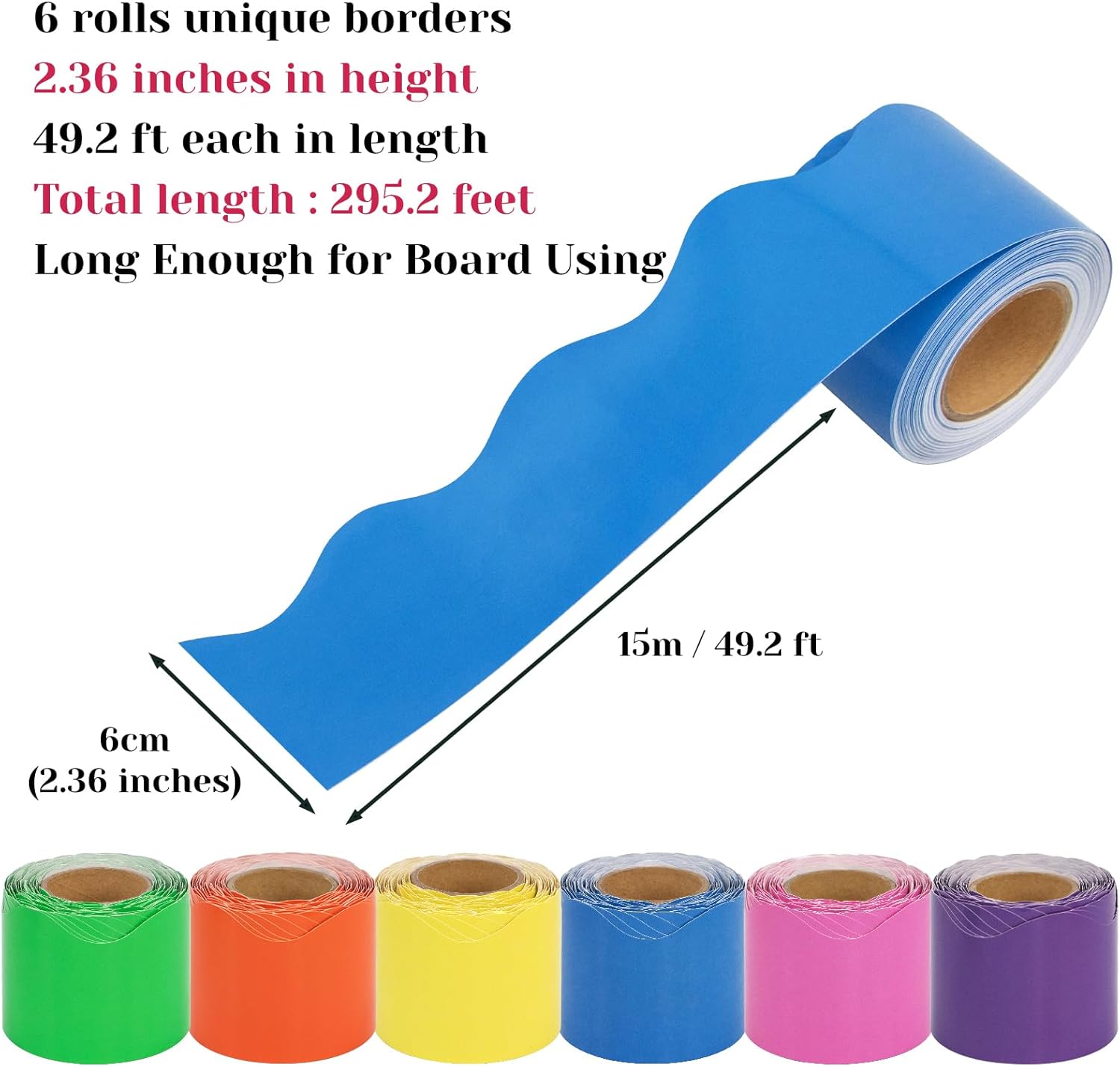 Condition photo showing New/Like New for 6 Rolls 295.2 Ft Bulletin Board Borders - Colorful Scalloped Trim, Bright Classroom Decor, Extra Long Bulletin Board Decorations for School, Teacher Supplies, Back to School