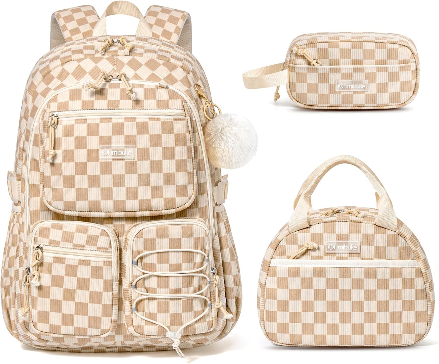 Fimibuke School Backpack for Girls Boys - 3PCS Corduroy Kids Backpack Set with Lunch Box & Pencil Pouch, Lightweight Teen Girls School Bag Laptop Bag Travel Daypack for Elementary Middle High School