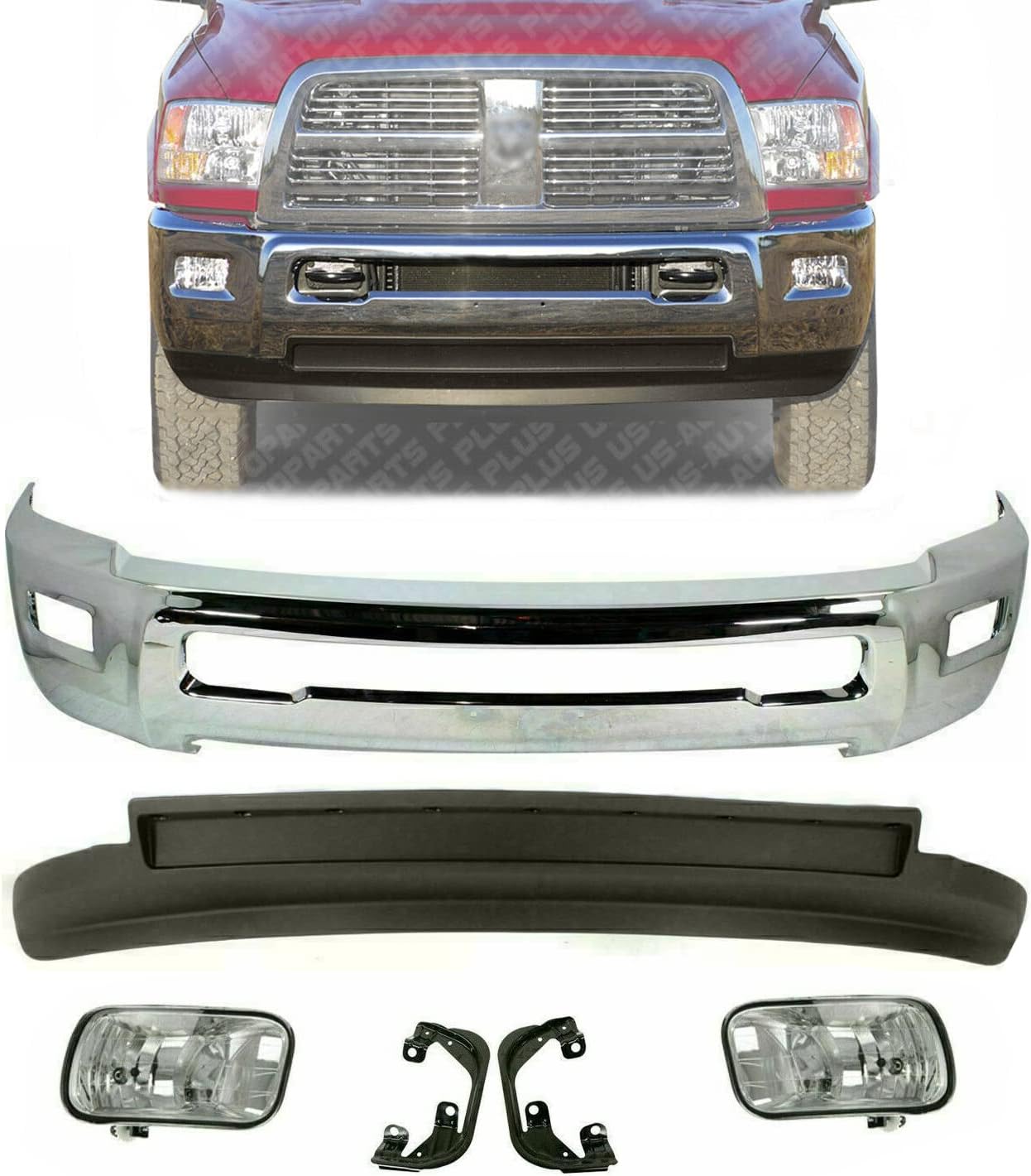 New Front Bumper Chrome Steel + Lower Valance Textured + Fog Lights Assembly + Brackets Right and Left Side Direct Replacement For Dodge Ram 2500 3500 4WD 2010-2012 CH1002390