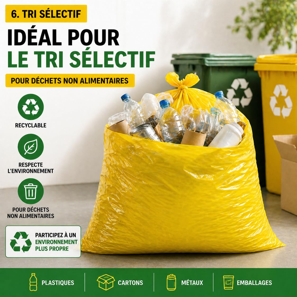 Bolsa de basura amarilla 100 l | 50 bolsas de basura de 100 litros (2 rollos de 25 bolsas amarillas) | Muy resistente (30 µ) e impermeable | Residuos no alimentarios | Cierre de enlace para atar |