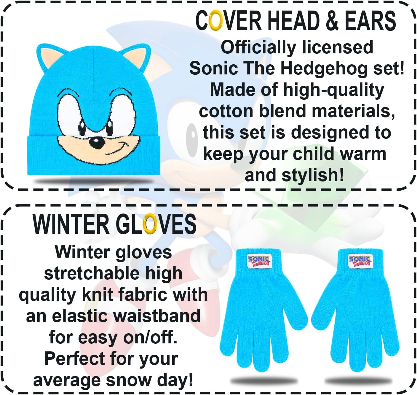 Sonic The Hedgehog Winter Hat and Gloves Set – Blue Sonic Hat for Boys Ages 5-13 – Winter Hat with Scarf and Glove Set - Image 2