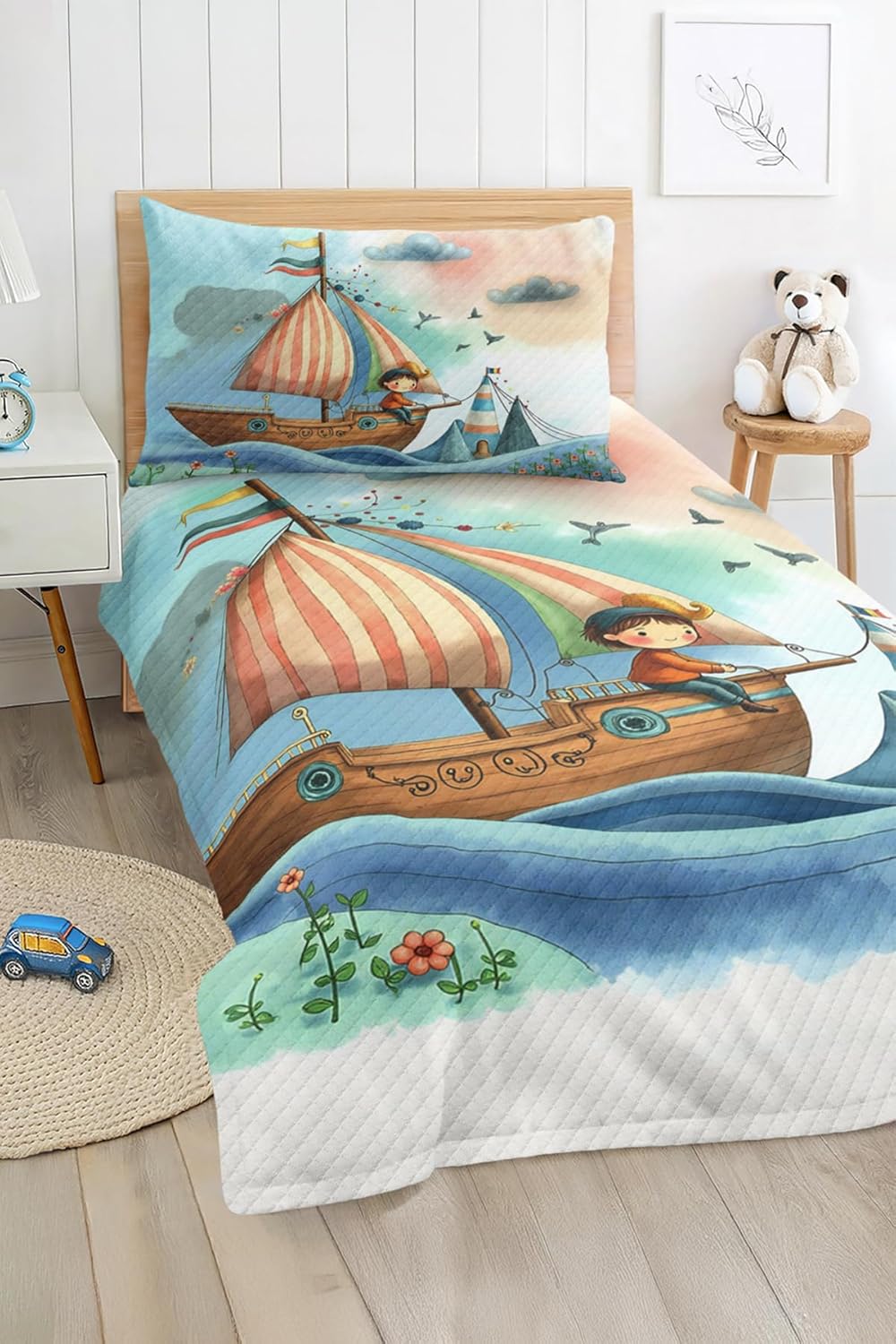 SODEF Bedding Set Sailboat and Cloud Pattern Kids and Teens Room Quilt Set Bedspread, 2 Piece Cotton Polyester Blend - Blue, One Size