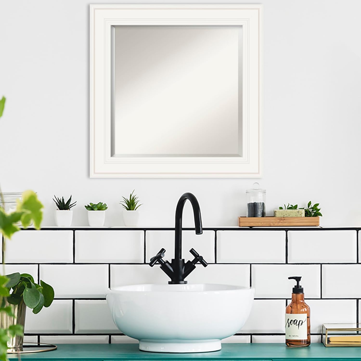 Amanti Art White Bathroom Mirror for Over Sink, 26x26 Ridge White Square Vanity Mirror, Medium Traditional Frame, Hangs Horizonally and Vertically, Bathroom Wall Decor, Beveled Edge