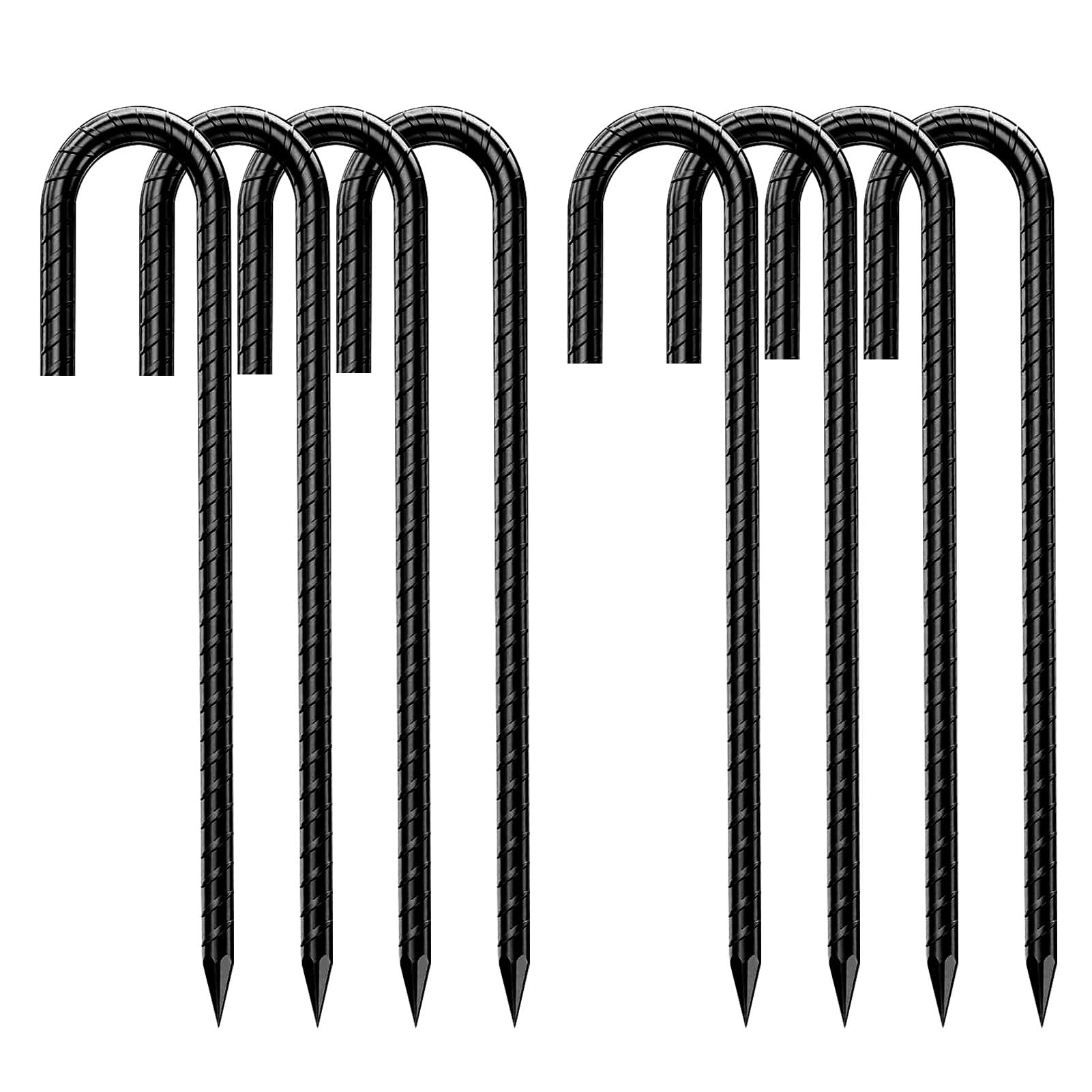 Picchetti in metallo nero con gancio a J extra resistente, lunghi 30,5 cm, picchetti da 6,35 mm in acciaio verniciato antiruggine, ancoraggi da giardino, picchetti in metallo per tenda, trampolino