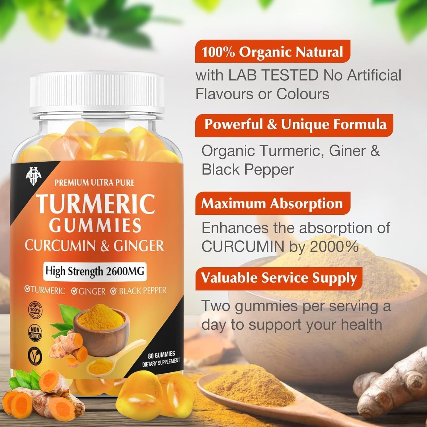 Turmeric Curcumin Gummies (2 Pack) - Turmeric Curcumin Supplements with Ginger & Black Pepper Gummies for Immune Muscle Support Healthy Skin - Vegan, Gluten Free, Low Sugar - for Adults