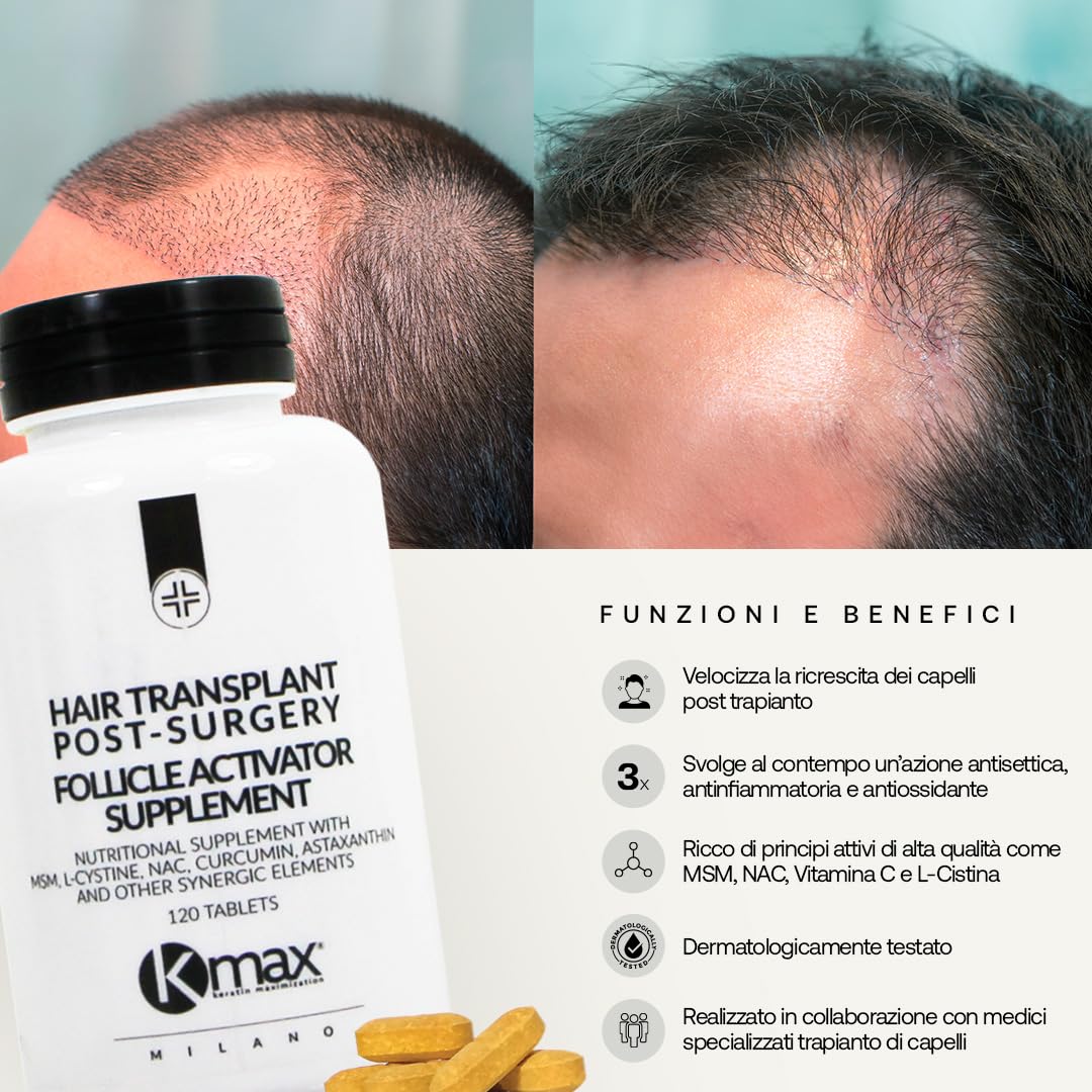 Kmax Healing Hair Transplant Post Surgery Follicle activator Supplement - Integratore Capelli, Ricrescita Capelli Dopo Trapianto, Funzione Anticaduta Capelli Donna e Uomo - Formato da 120 Compresse