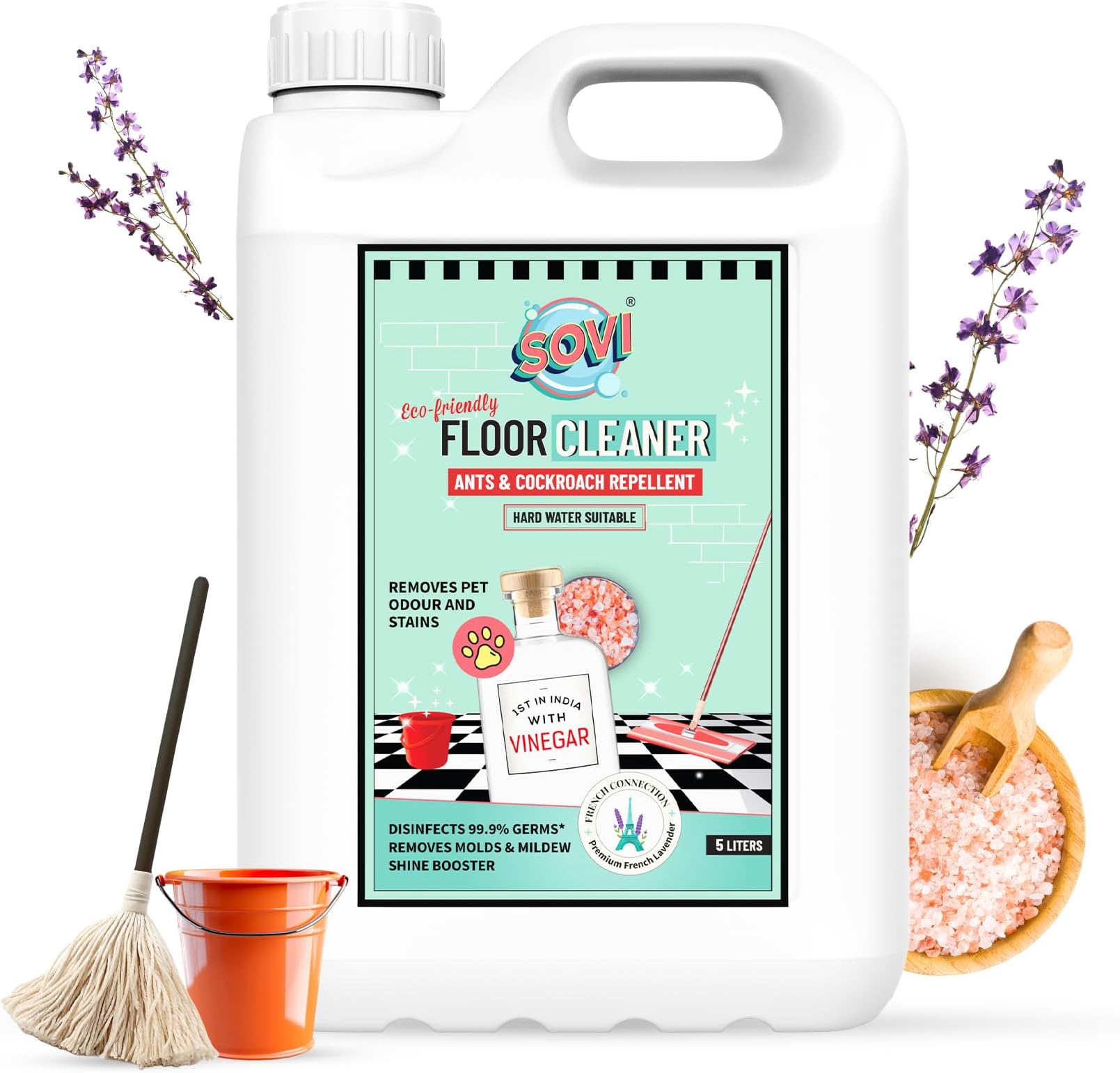 - Floor Cleaner with Vinegar Power – Lavender Fragrance | Repels Cockroaches & Ants, Removes Stains & Pet Odours | Child & Pet Safe, Eco-Friendly Cleaning Solution 5 Litre