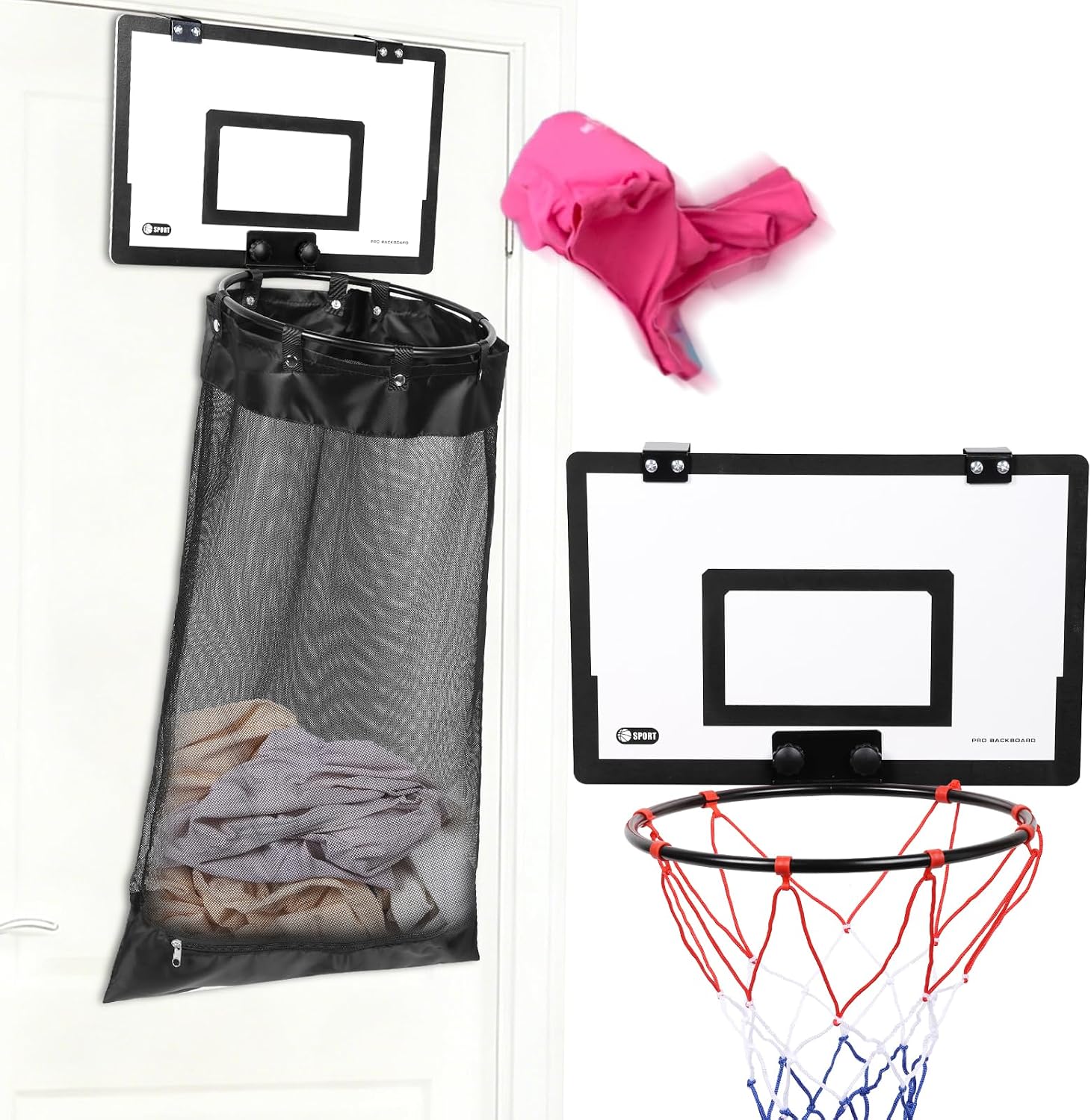 Basketball Washing Basket, Laundry Basket for Hanging, Basketball Hoop Door with Zip, No Drilling Required, 2-in-1 Laundry Bag for Hanging, for Laundry Room, Bedroom, Bathroom, Hotels (Black)