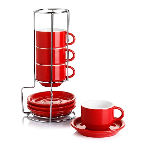 Sweese 4 Ounce Porcelain Stackable Espresso Cups with Saucers and