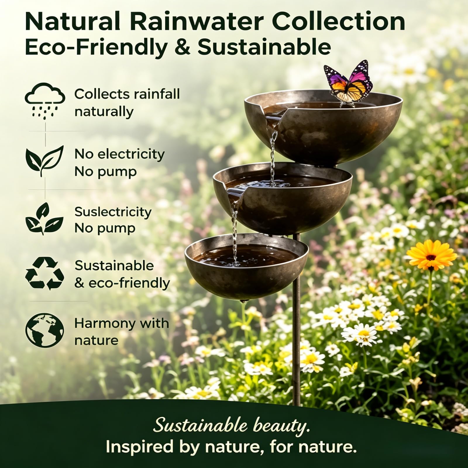 Bring Life Back To Your Garden – Rain Catcher Bird Bath,2026 Metal 3 Tier Birds Bath,Rain Catcher Garden Stake Birds Baths,Antique Bronze Outdoor Rainwater Collector for Birds Bees Hummingbirds，A：2PCS