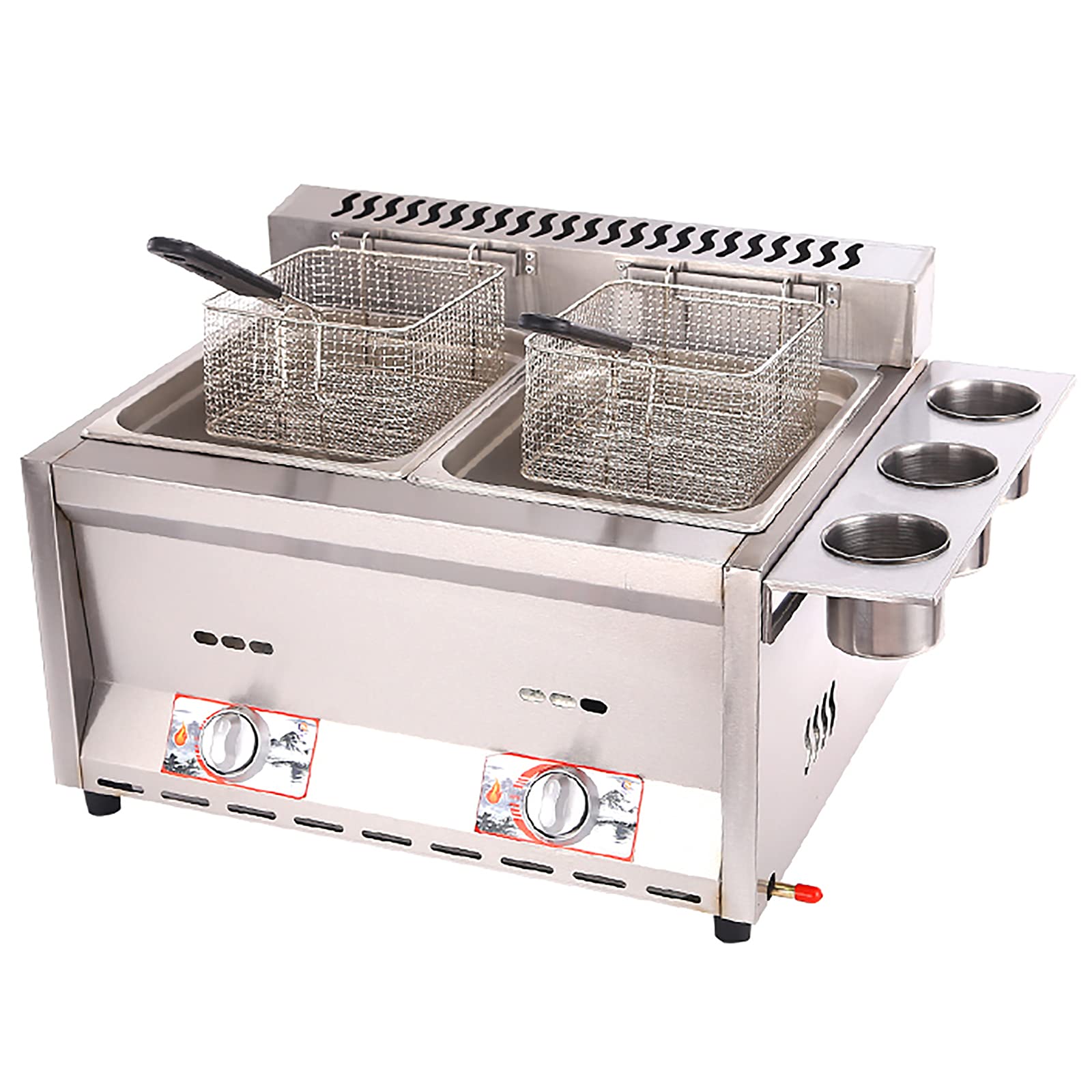 AYCDL 16L Double Tanks Commercial Gas Fryer, Stainless Steel High Capacity Professional Gas Countertop Kitchen Frying Machine for Fry Restaurants Supermarkets Fast Food Stands,8L+8L+2XFryer Basket