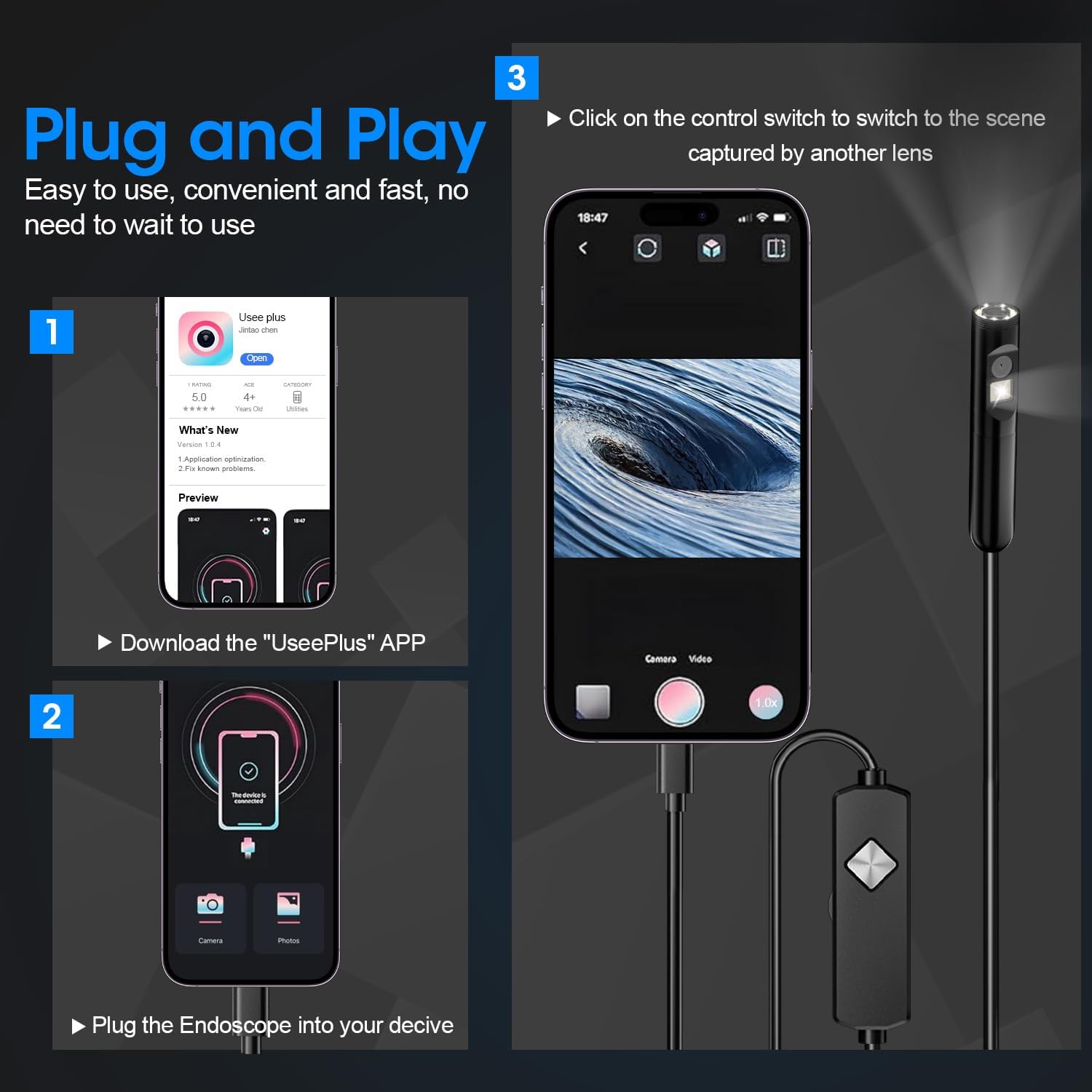 Endoscope with Light, 1920P HD Borescope with 8 Adjustable LED Lights, 16.4FT Semi-Rigid Snake Camera, IP67 Waterproof Inspection Tool for iPhone & Android - Dual Lens (Black) - Image 6